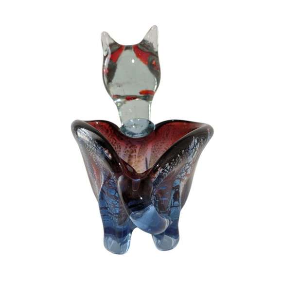 Art Glass Cat Figurine Footed Bowl Sculpture Red Blue Silver Metallic Unique - Picture 4 of 14
